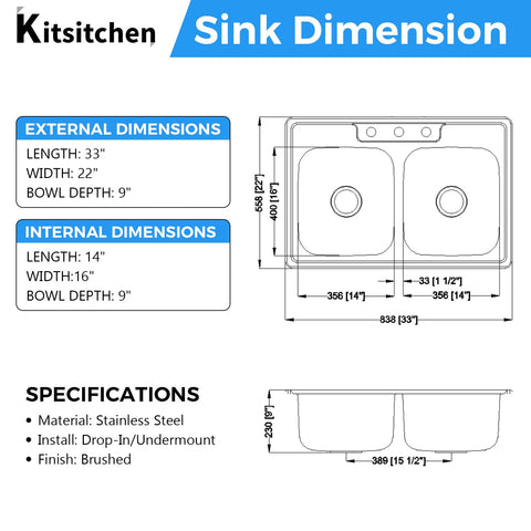 Kitsitchen 33x22 double-bowl top view highlighting separate prep zones