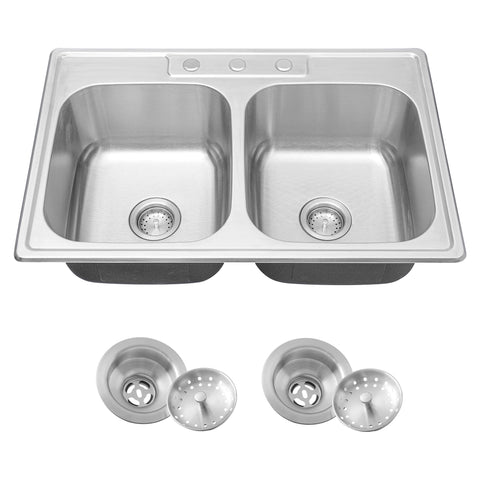 Kitsitchen 33x22 drop-in double-bowl front view in durable SUS304 stainless steel