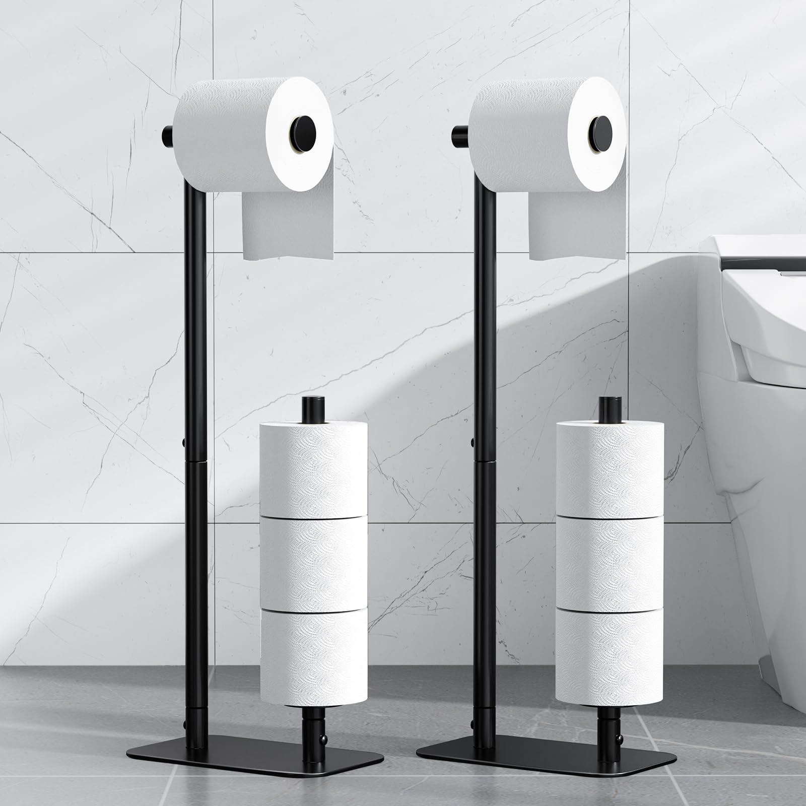 Kitsure free-standing toilet paper holder four-roll capacity for easy access.