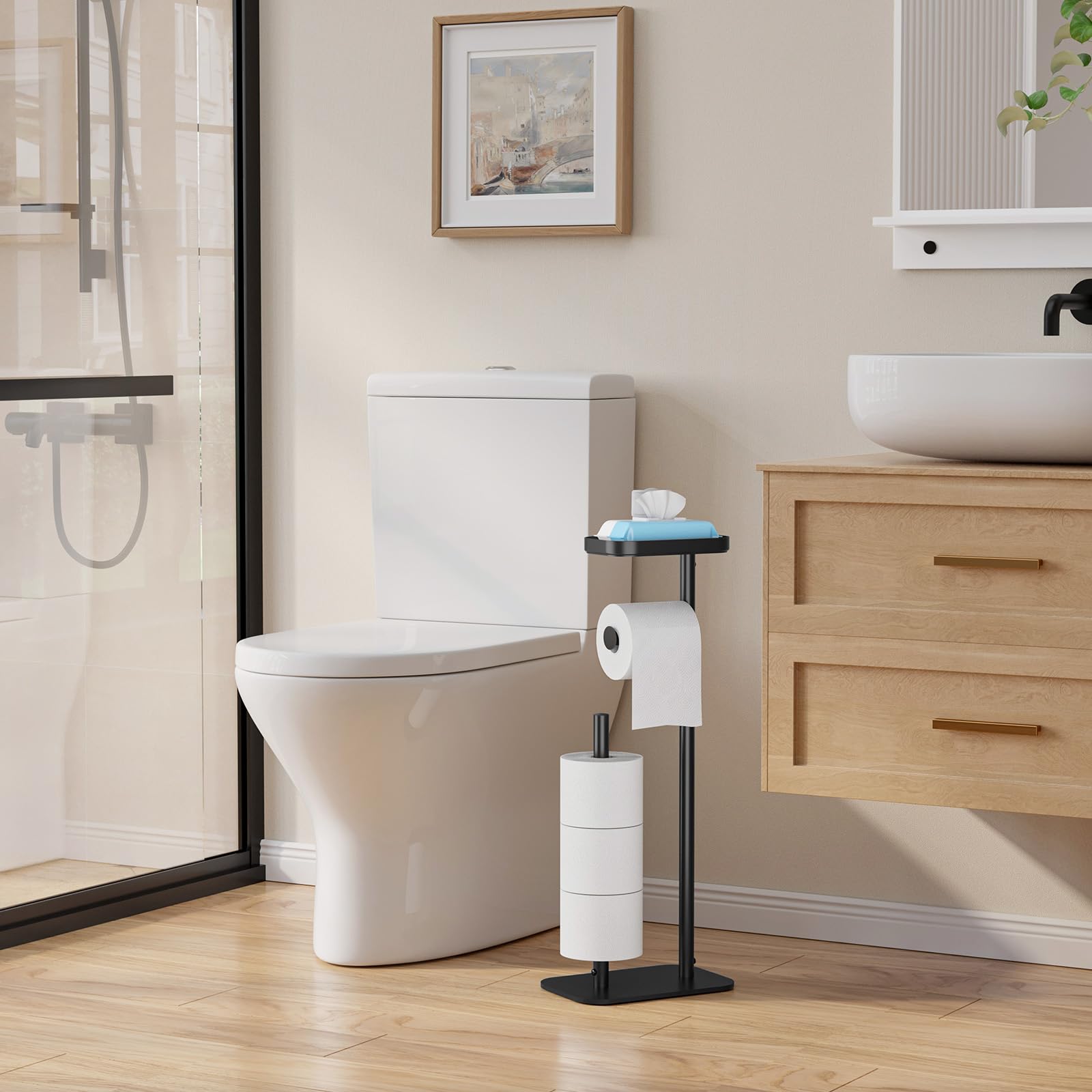 Kitsure metal toilet paper stand in black finish resists rust and scratches