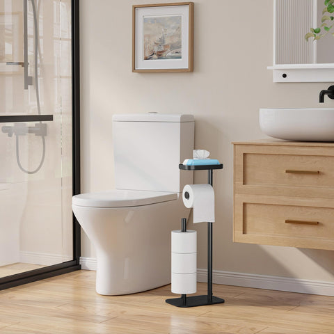 Kitsure metal toilet paper stand in black finish resists rust and scratches