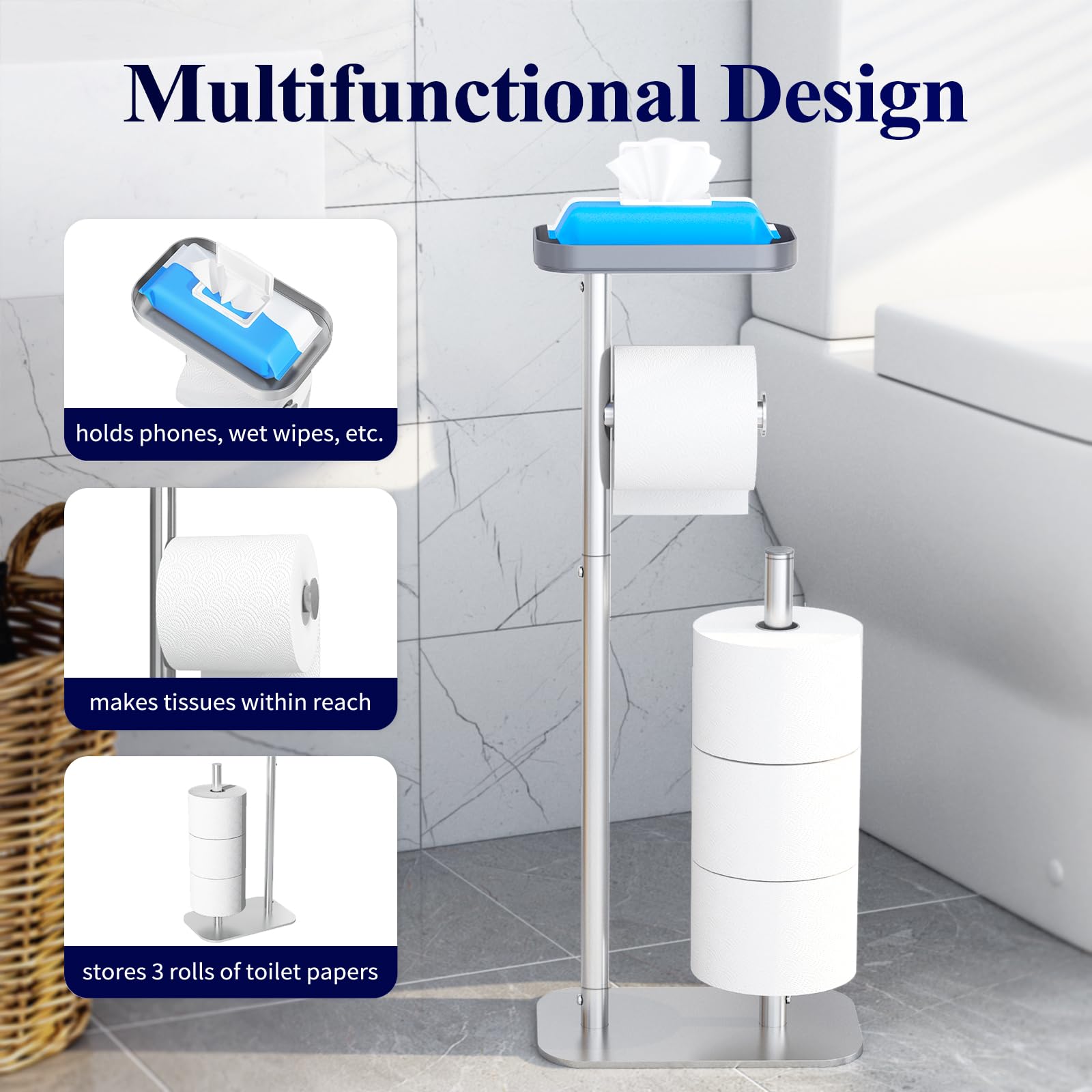 Kitsure free-standing toilet paper holder holds four rolls for backups and convenience.