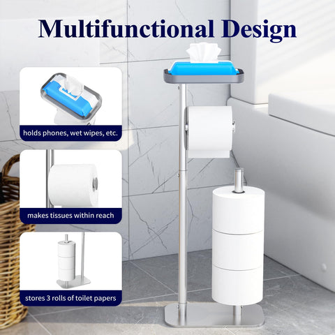 Kitsure free-standing toilet paper holder holds four rolls for backups and convenience.
