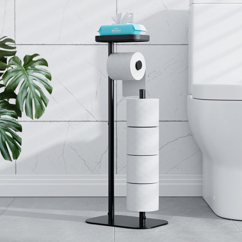 Kitsure toilet paper holder free standing with four-roll capacity in black, convenient for busy bathrooms.