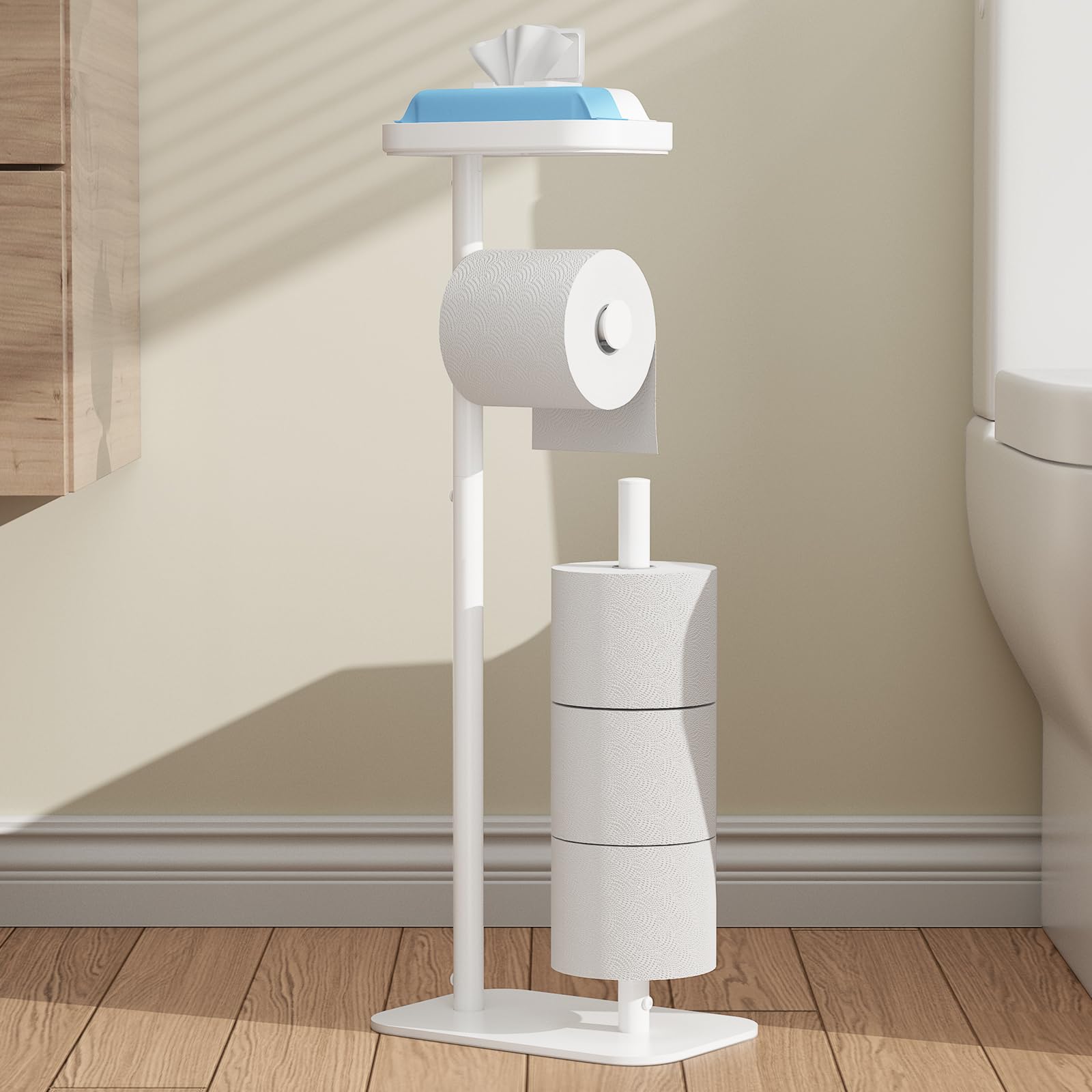 Kitsure free-standing toilet paper holder displaying four-roll capacity for easy access.