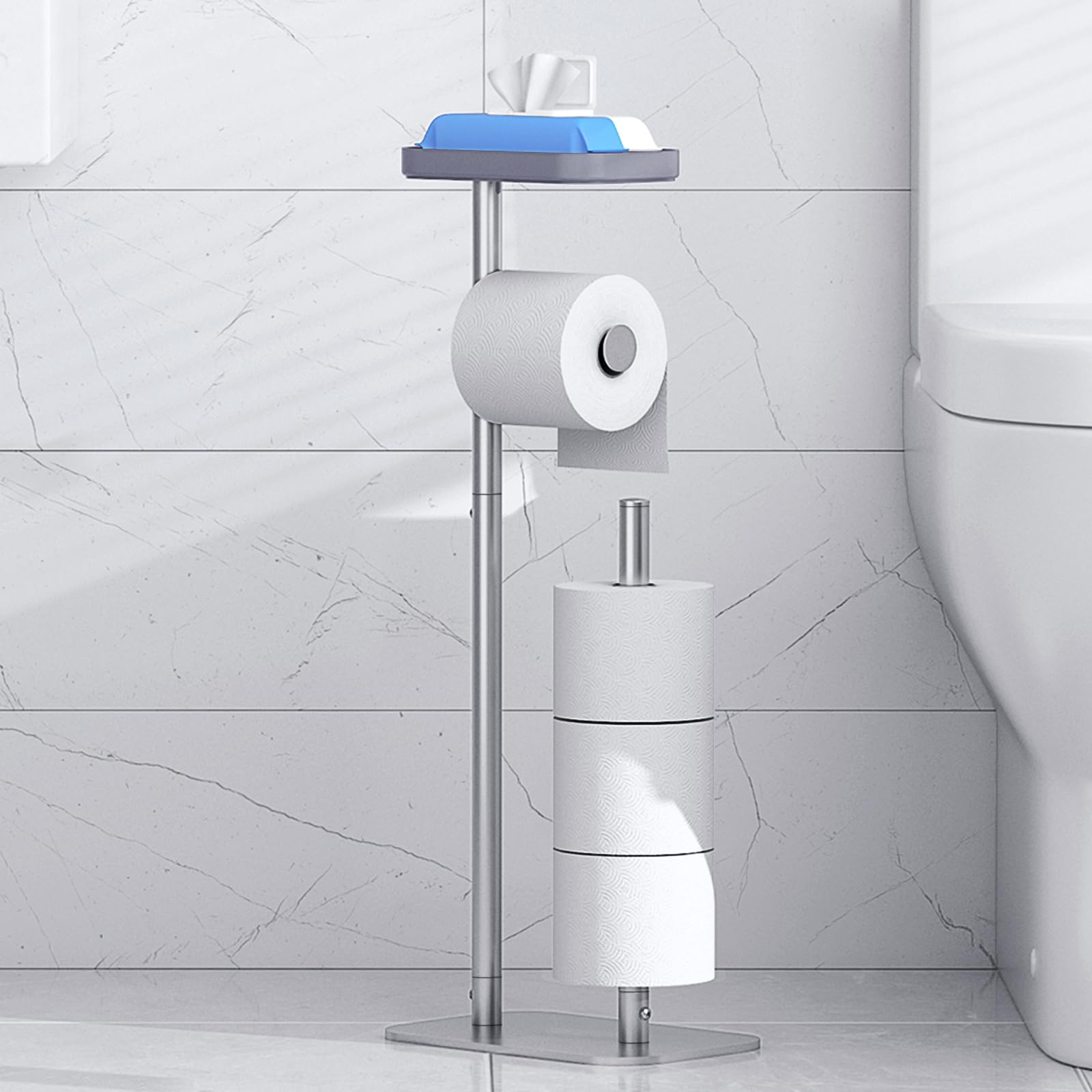 Kitsure free-standing toilet paper holder assembly shows simple setup and stable base.