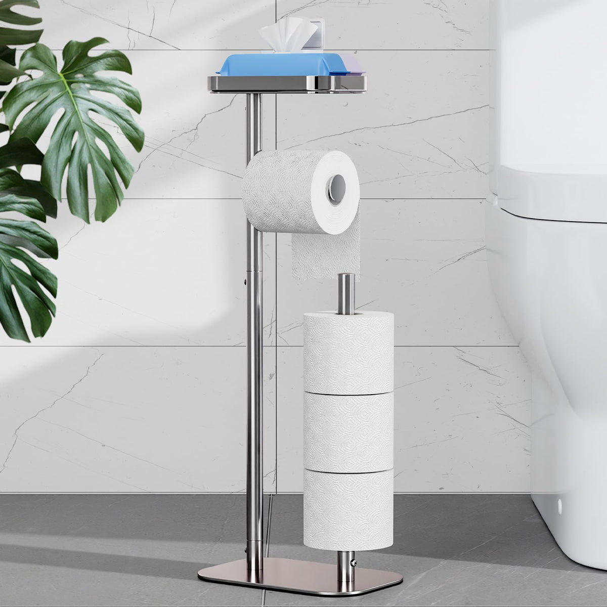 Kitsure toilet paper holder stand with 4-roll capacity ensures quick refills and continuous use.