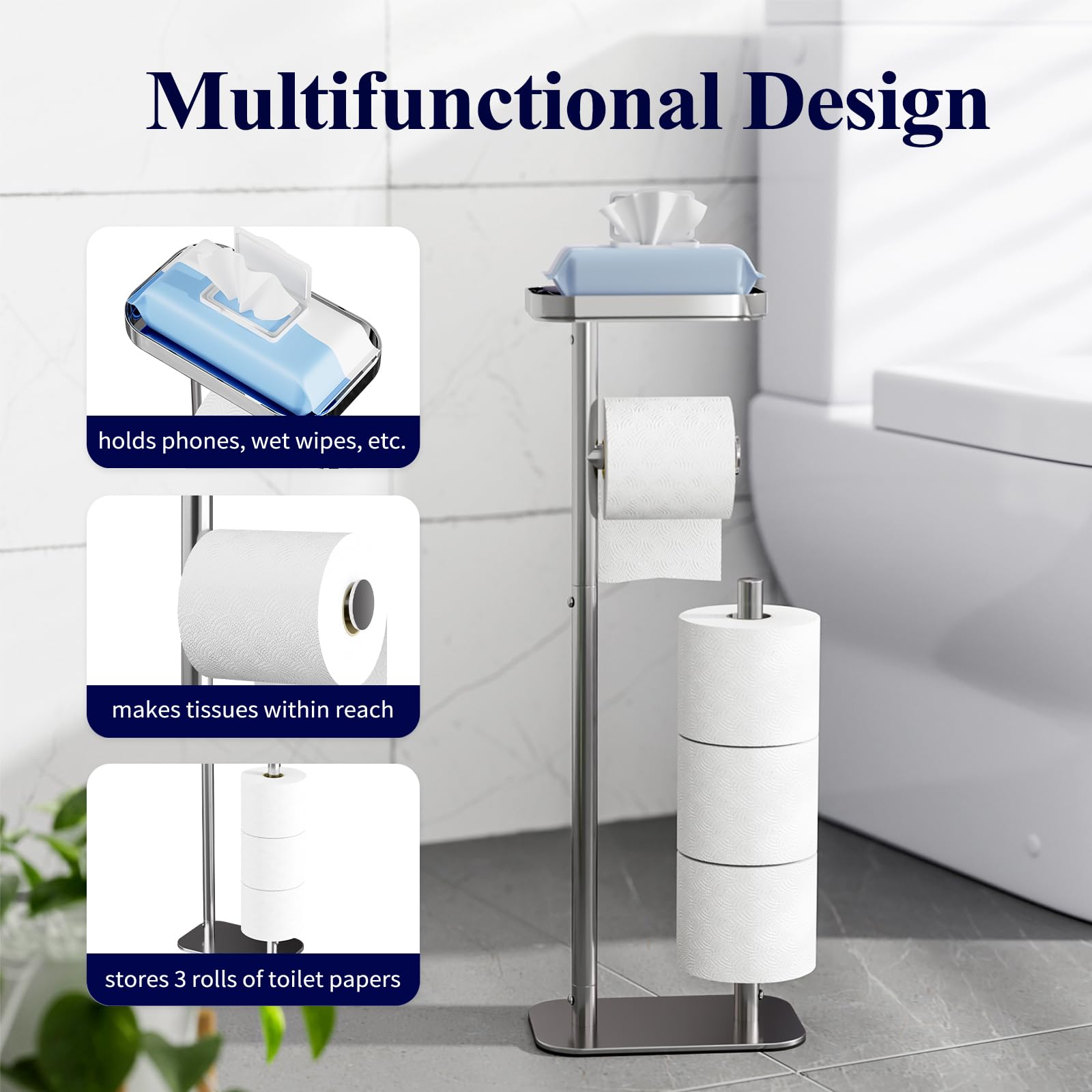 Kitsure rustproof metal toilet paper holder stand resists moisture for lasting bathroom organization.