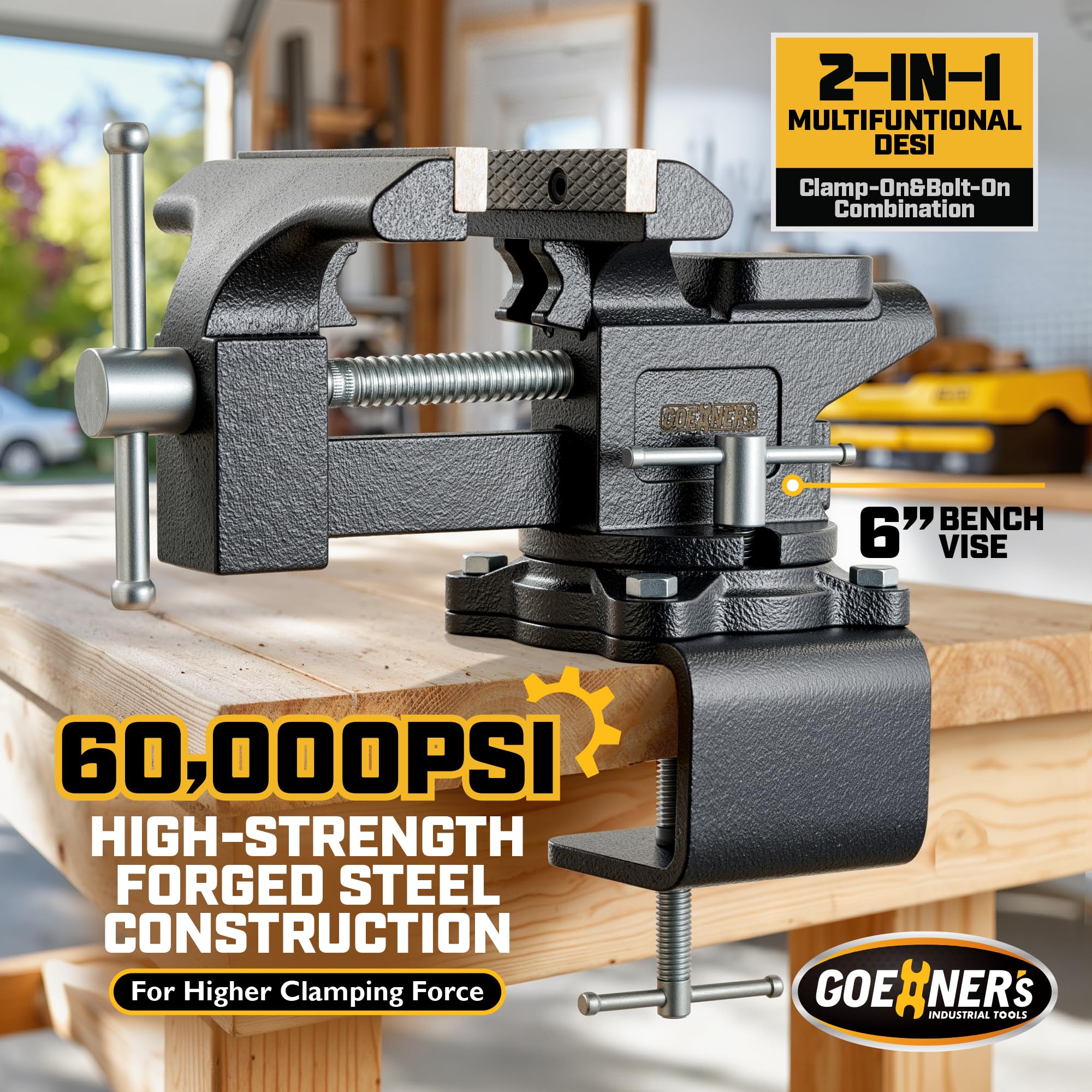 Kitvance 6-inch bench vise side view highlights sturdy build.