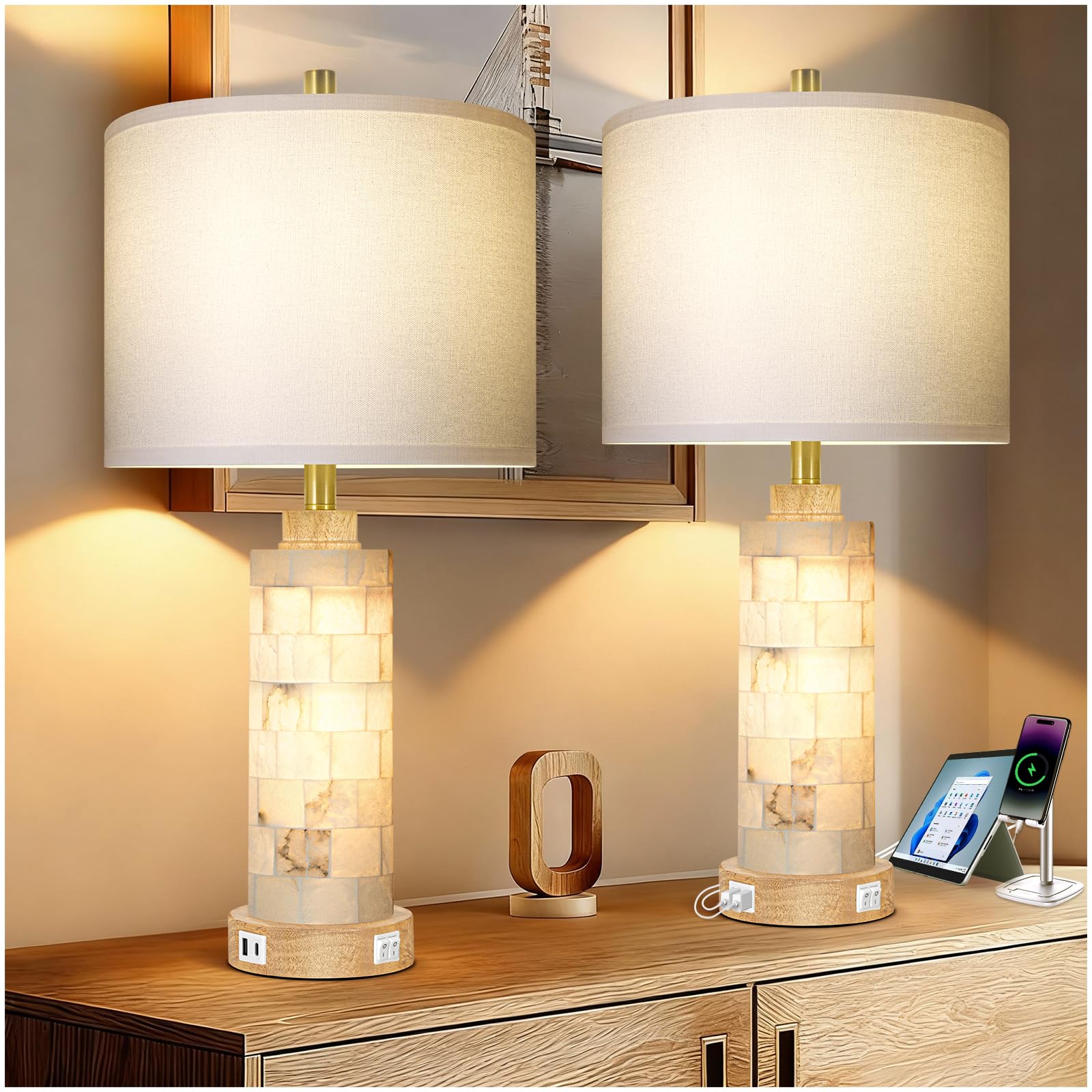 KIVDITZO 27-inch alabaster table lamp set for ambient lighting in living spaces.