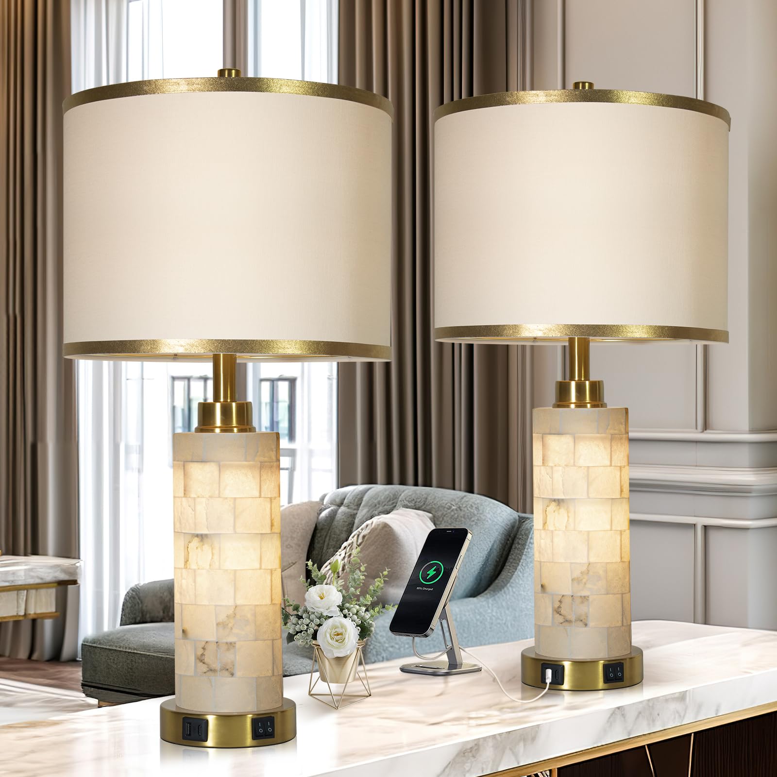 KIVDITZO alabaster table lamps 2-pack with gold base for living rooms.