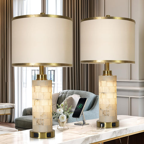 KIVDITZO alabaster table lamps 2-pack with gold base for living rooms.