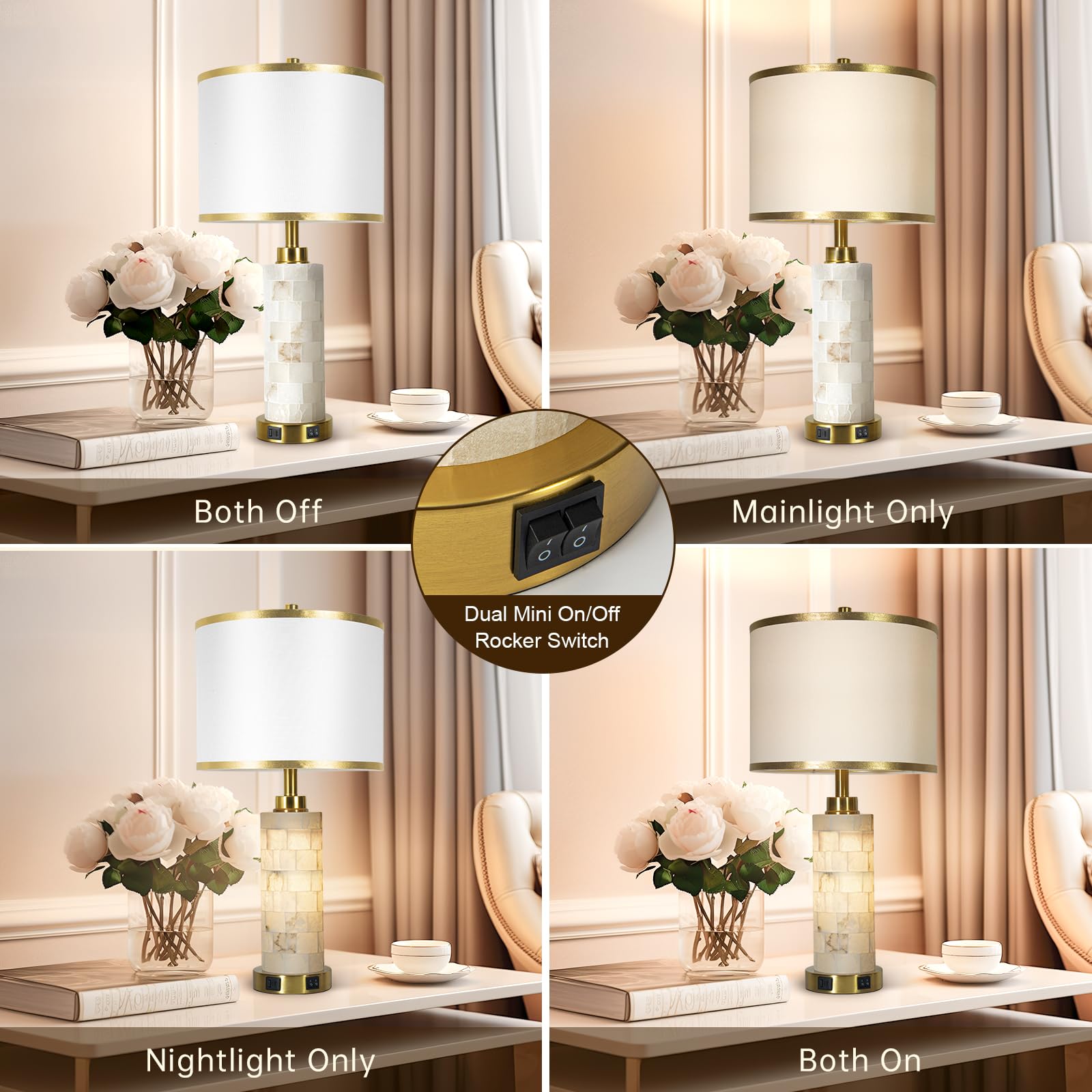 KIVDITZO white linen shade with gold trim creates soft ambient lighting.