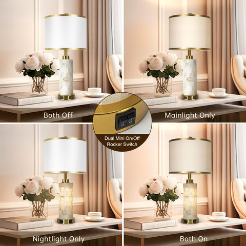 KIVDITZO white linen shade with gold trim creates soft ambient lighting.