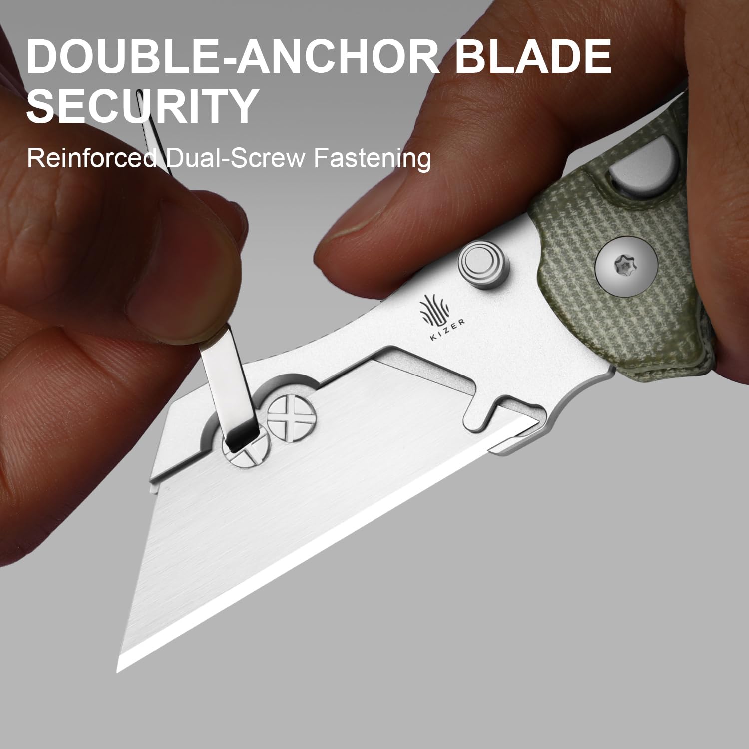 Kizer C01C Uti 1 dual screws provide robust blade stability.