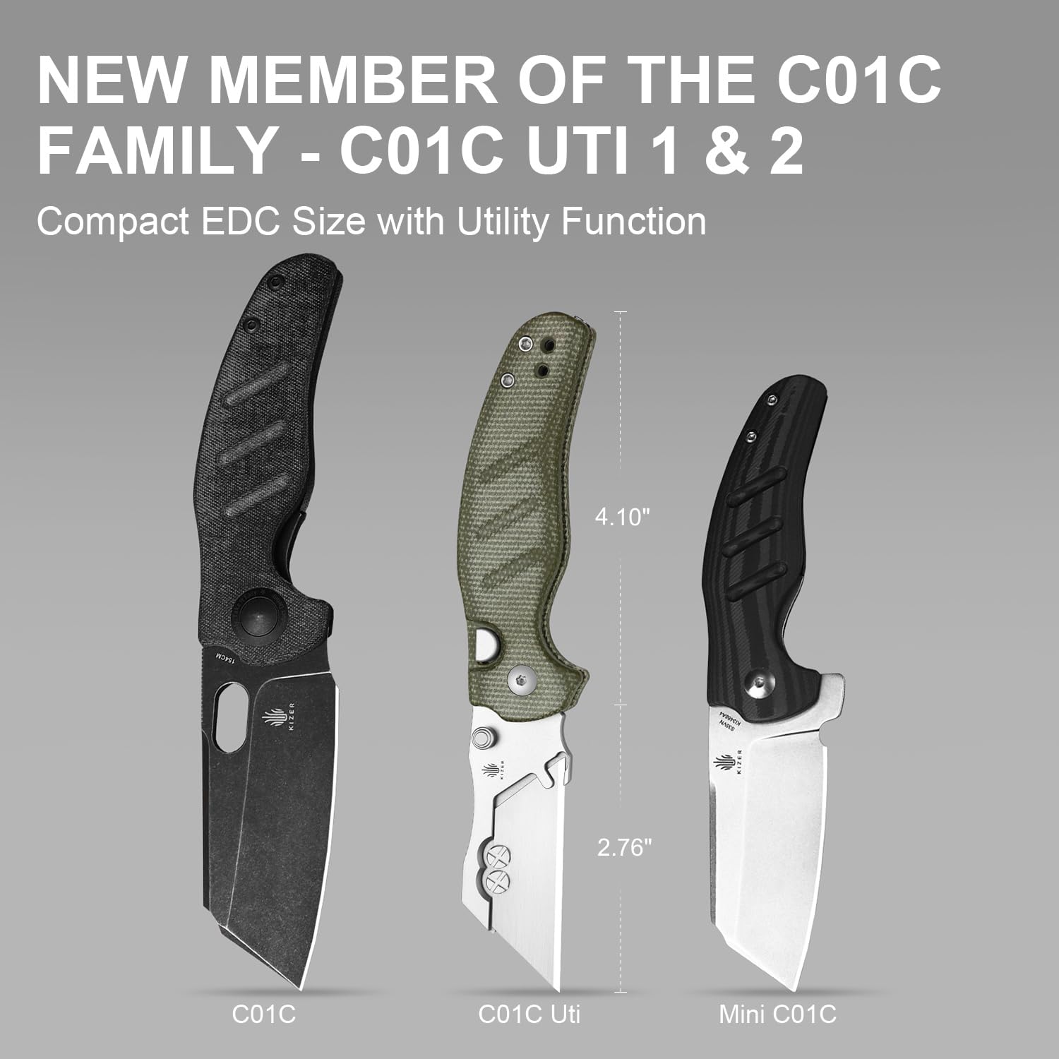 Kizer C01C Uti 1 green Micarta handle offers a secure, comfortable grip.