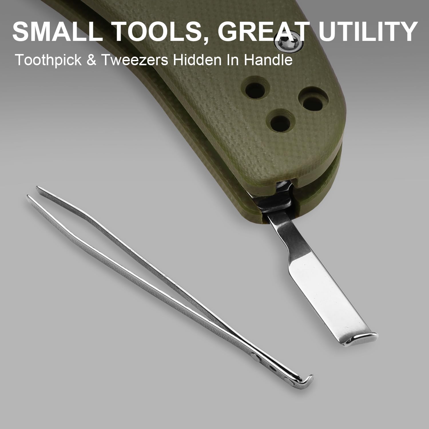 Kizer C01C Uti 2 handle showing built-in toothpick and tweezers