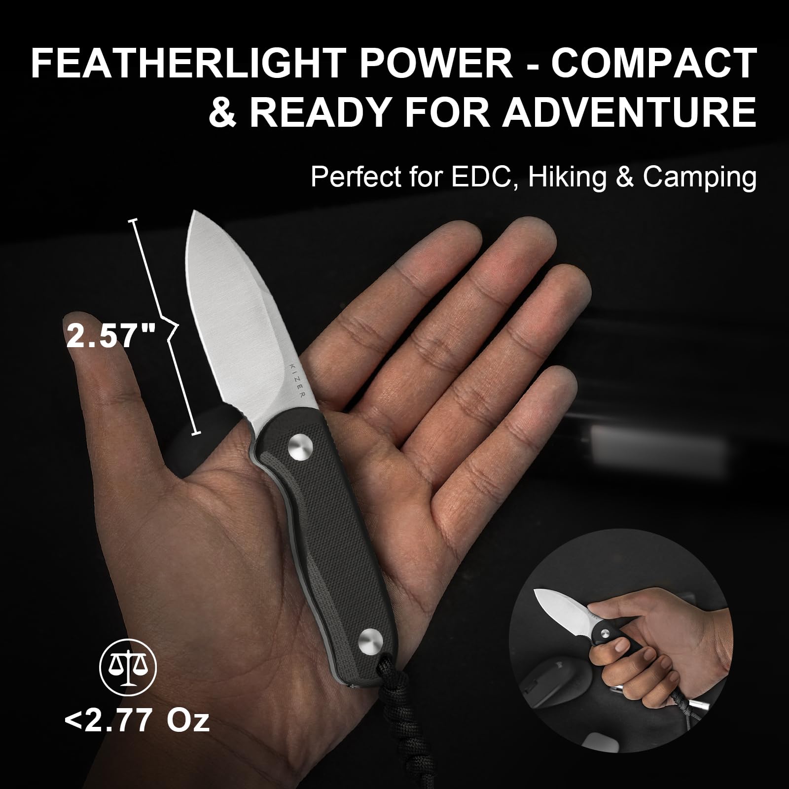 D2 satin blade on the Kizer Drop Bear for reliable edge performance.
