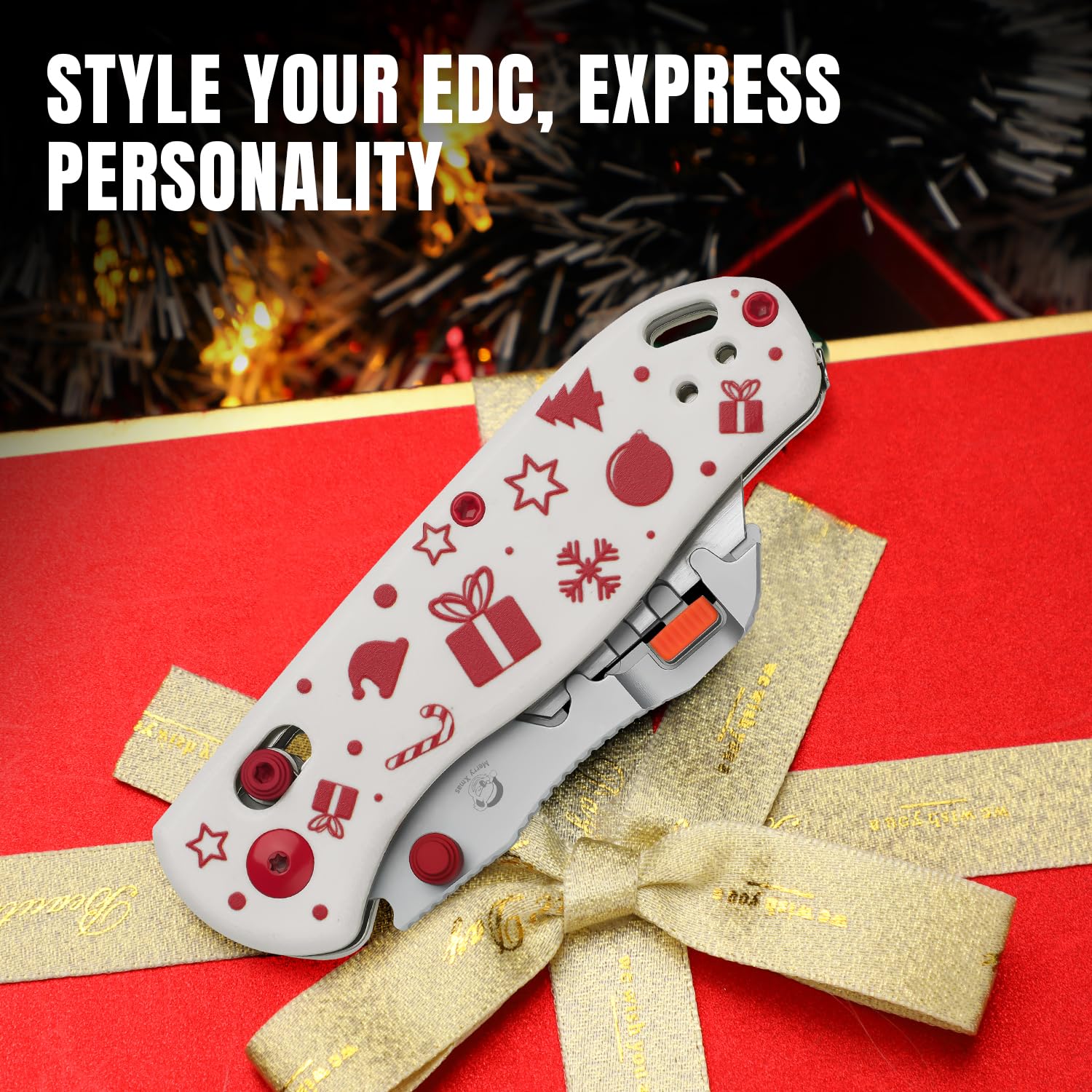 Festive white and red G10 handle design on Kizer Uti Bear.