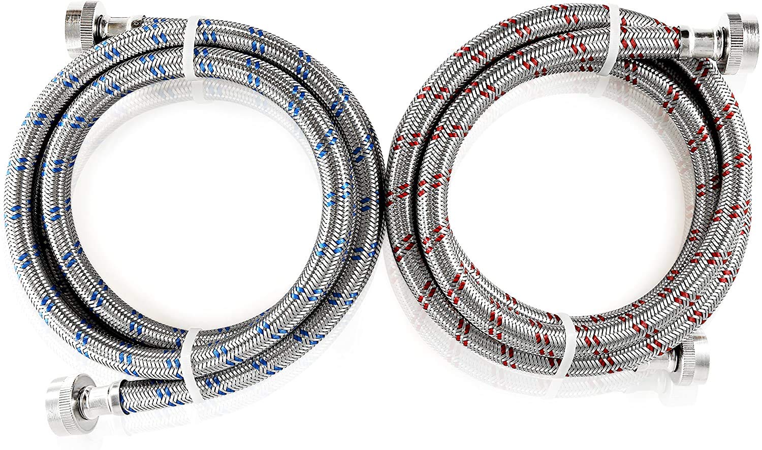 K&J Premium hot and cold washing hose close-up shows universal 3-4 NPT ends for easy fit