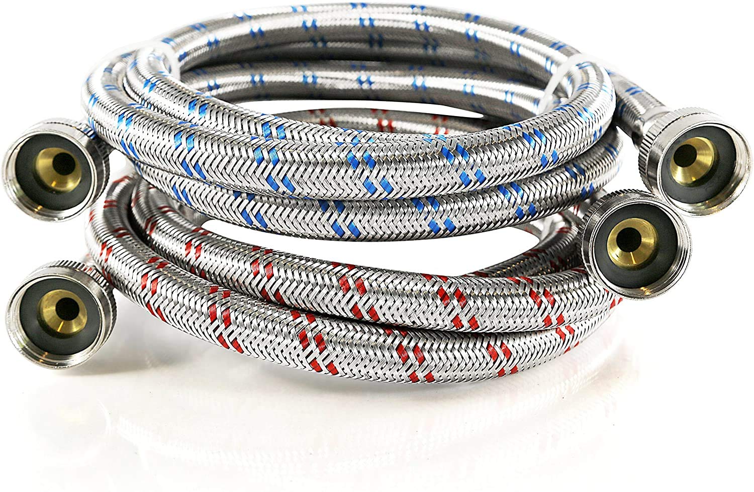 K&J Premium braided stainless steel hose exterior emphasizes durability for everyday laundry use