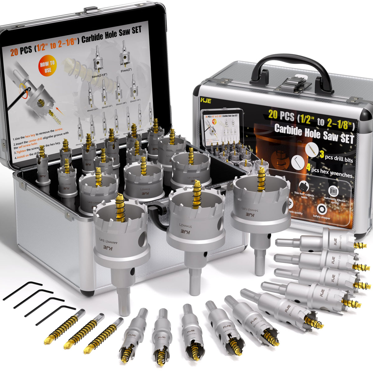 KJE 20in1 hole saw kit in metal case, ready for metal drilling tasks.