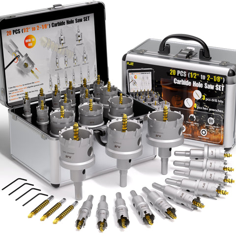 KJE 20in1 hole saw kit in metal case, ready for metal drilling tasks.