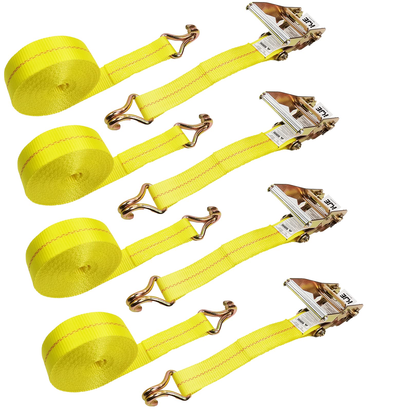 KJE 4-pack ratchet strap package showing 2-inch x 27-foot cargo ties for transport