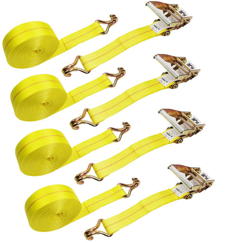 KJE 4-pack ratchet strap package showing 2-inch x 27-foot cargo ties for transport
