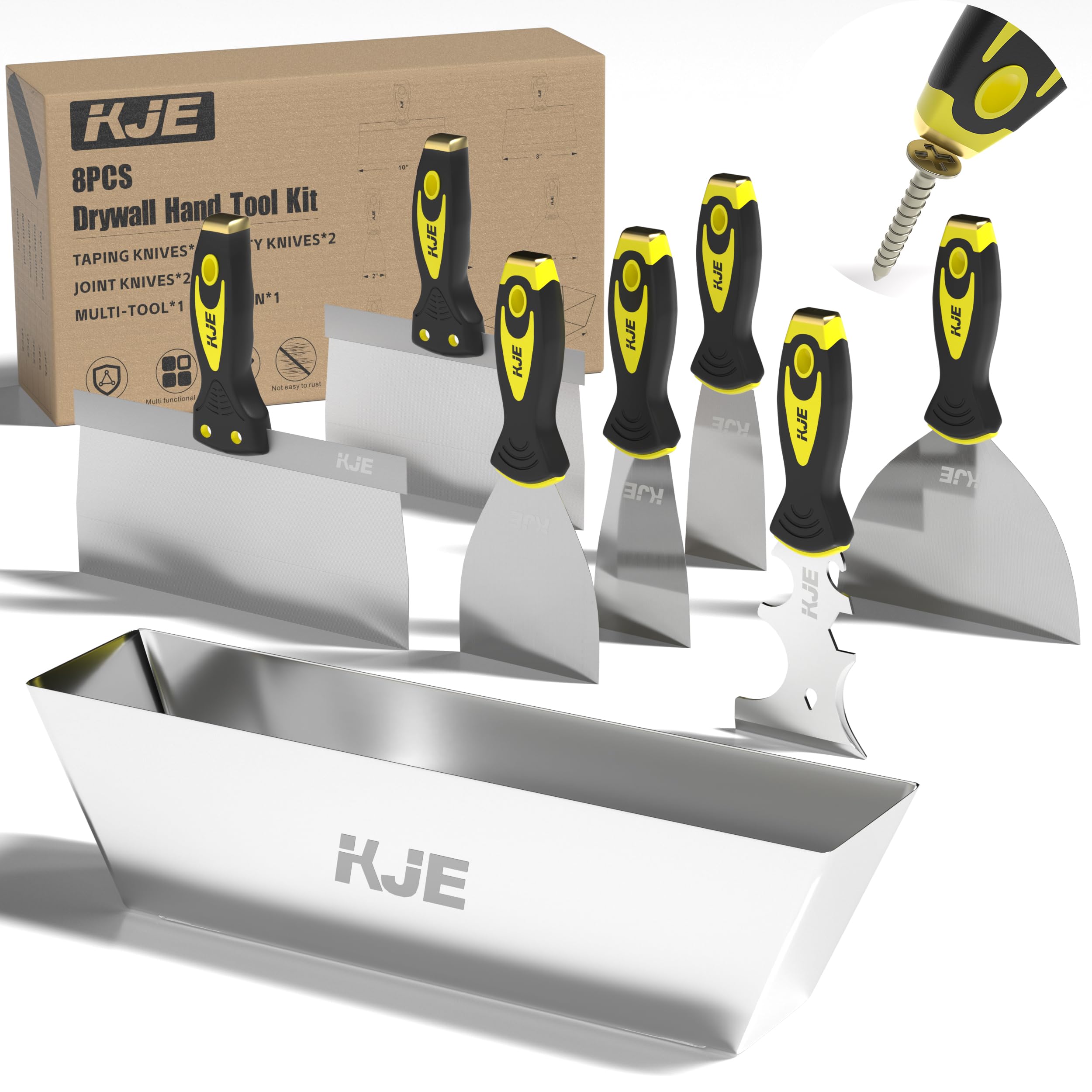 KJE 8pcs drywall tools set ready for professional and DIY wall projects.