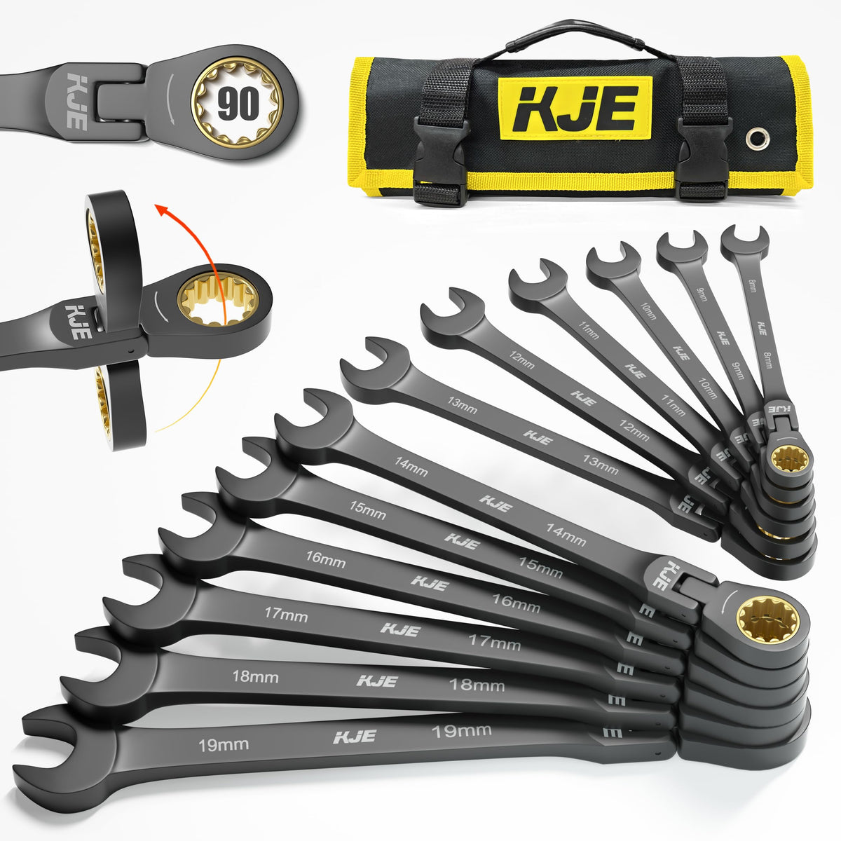 KJE 90-tooth ratchet close-up for tight-space work.