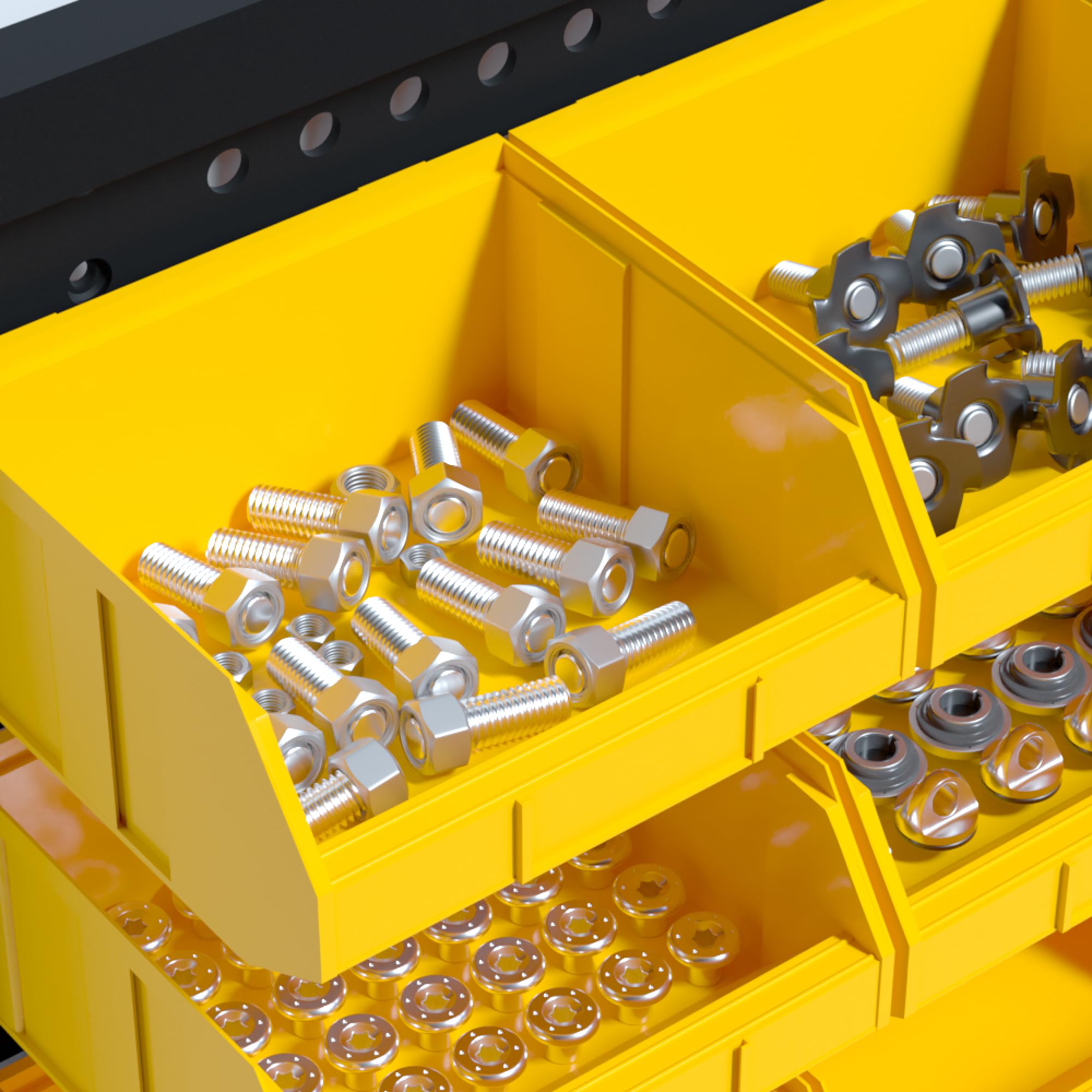 KJE black large bins mounted on wall for bulk fasteners