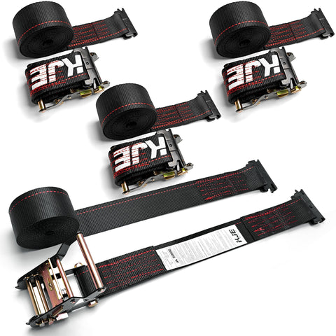 KJE E-Track ratchet strap with black webbing secures cargo on trailers.