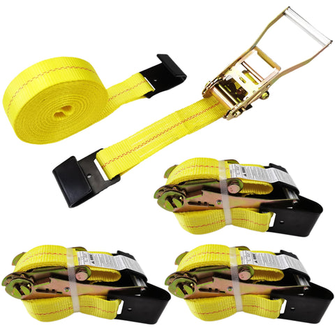 KJE flat-hook ratchet strap with flat hooks secures loads on flatbeds and trailers.
