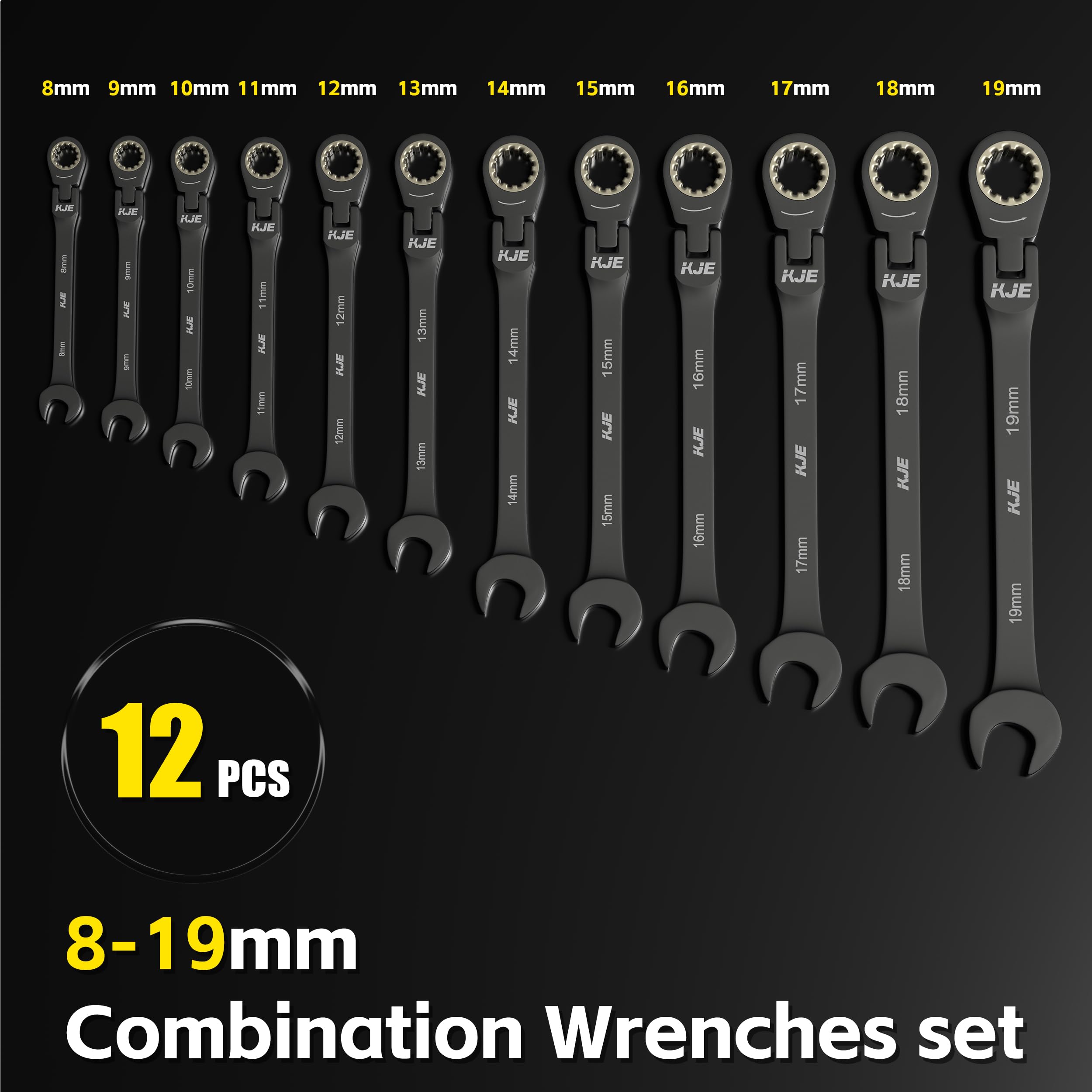 KJE nickel-plated Cr-V wrenches resist oil and rust.