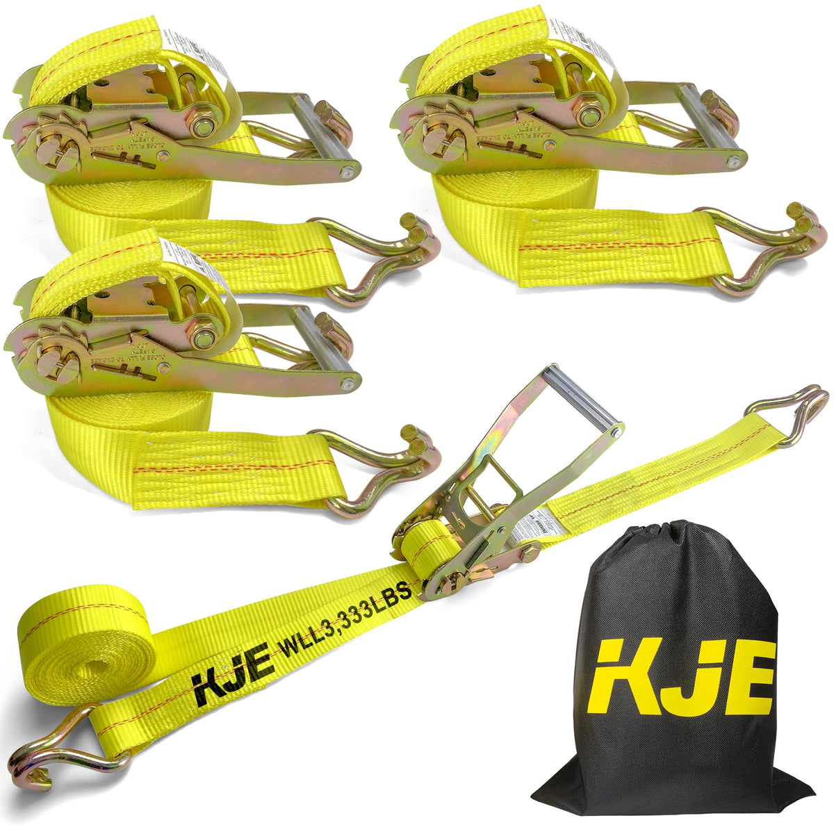 KJE ratchet strap with J-hooks securing cargo on a trailer.