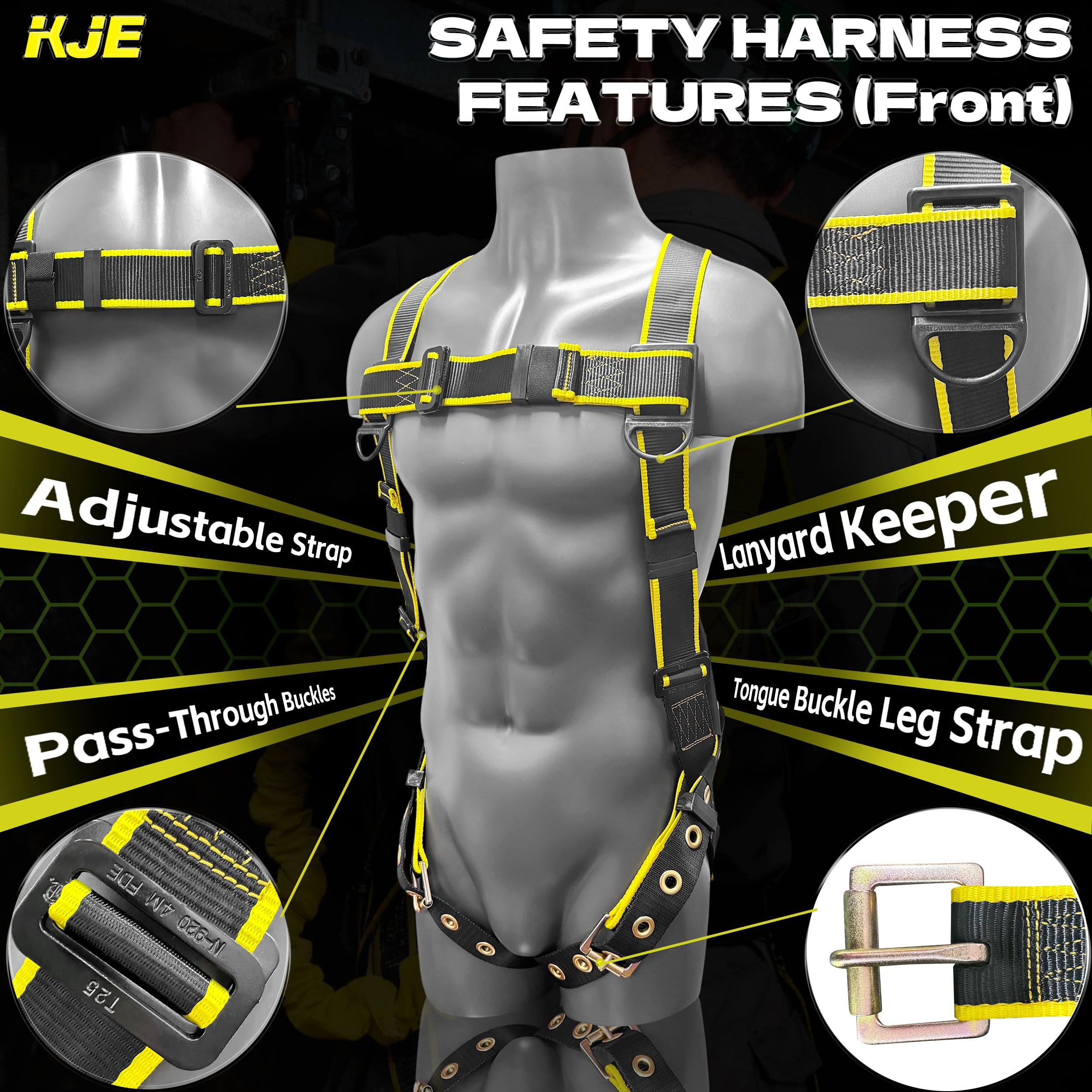 KJE harness chest and waist adjustments for precise, comfortable fit.