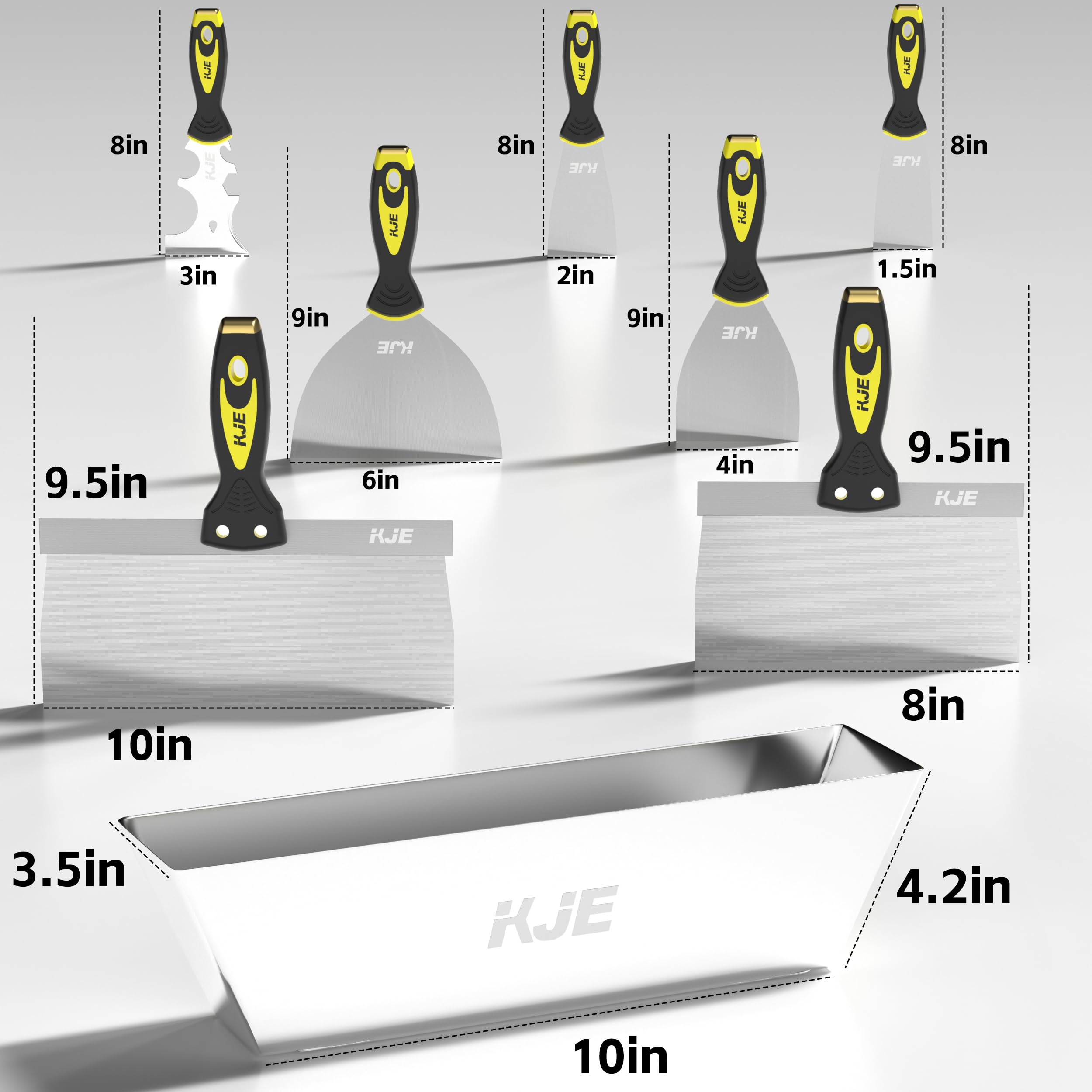 KJE 8in and 10in drywall taping knives for smooth mud application.