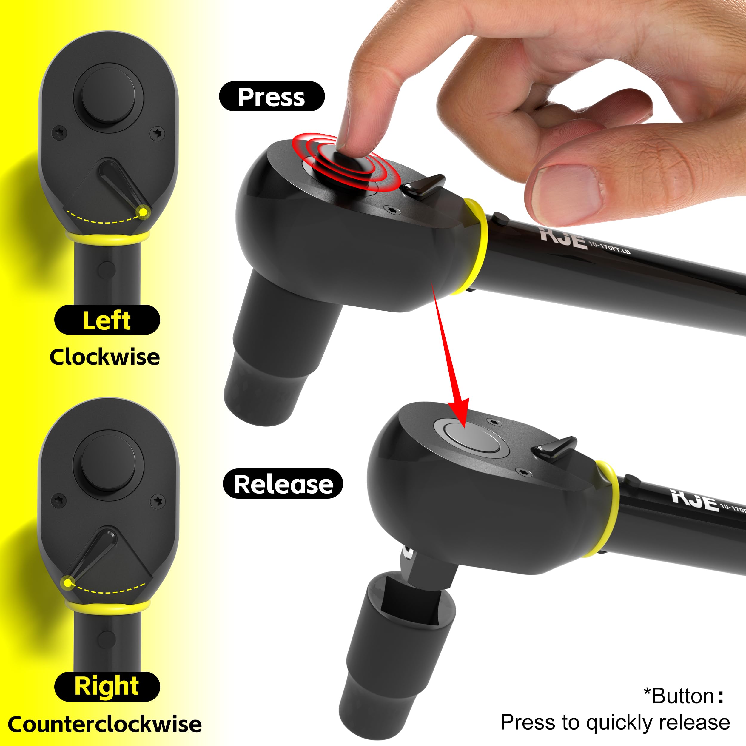 KJE ratchet head close-up with bidirectional click feedback.