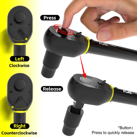 KJE ratchet head close-up with bidirectional click feedback.