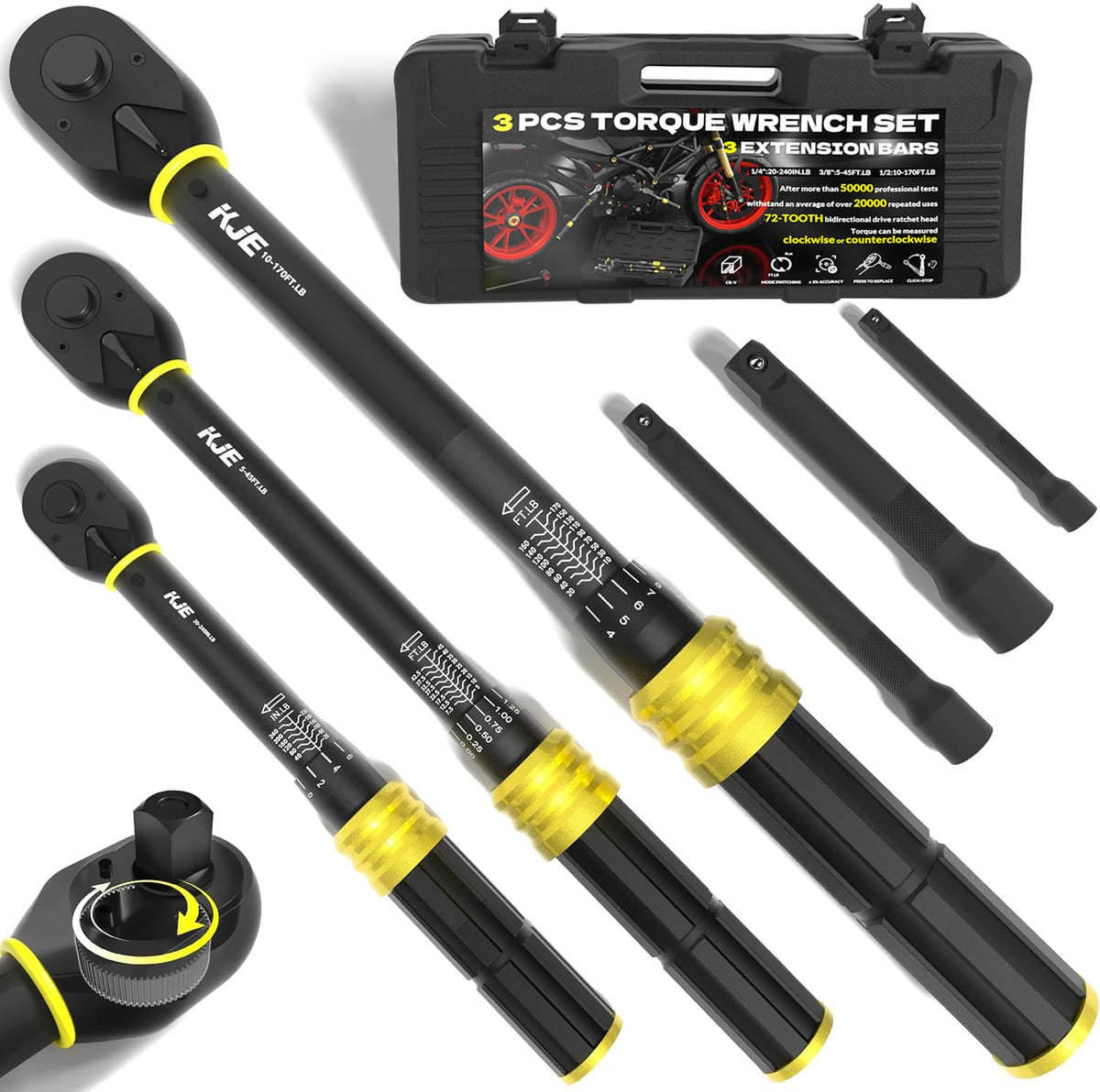 KJE torque wrench set full view for versatile bike, motorcycle, and car repairs.