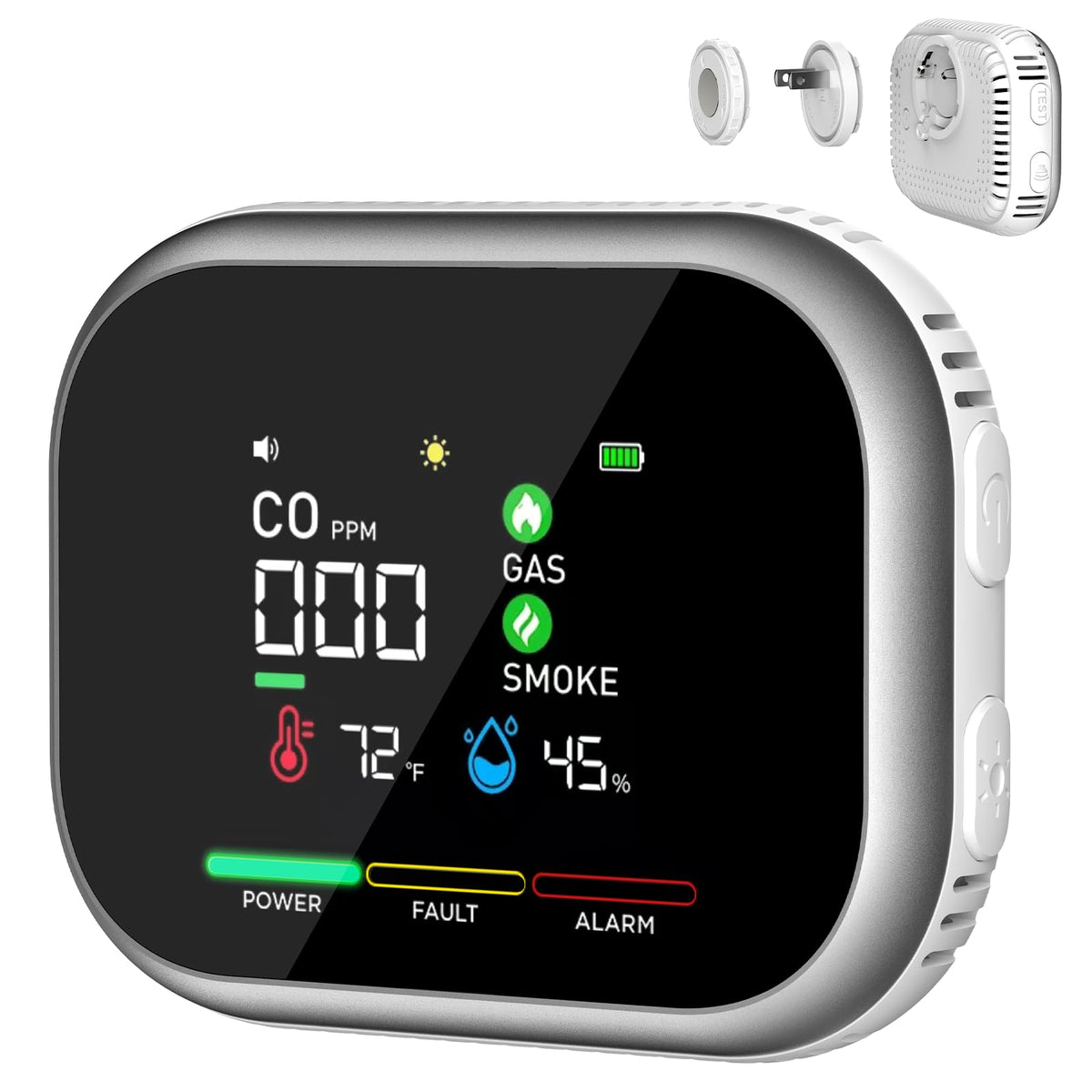 KJYSDS Carbon Monoxide Detector Plug-In front view with real-time readings