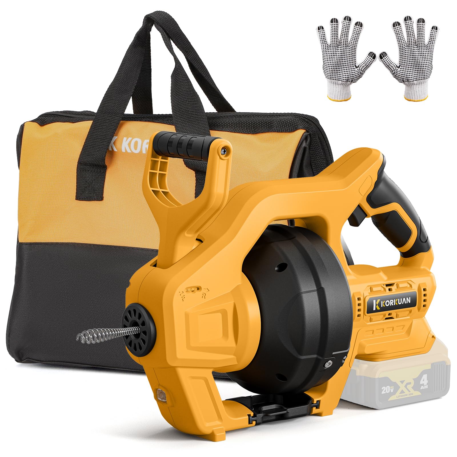 K KORKUAN cordless drain auger ready with 20V battery for quick clog clearing