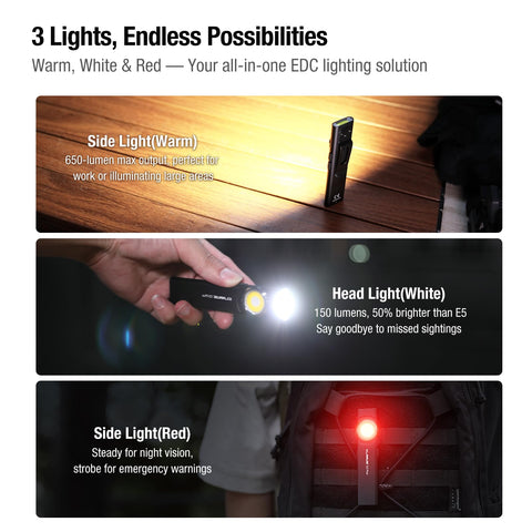 klarus E5 Plus magnetic base keeps the light accessible on metal surfaces.