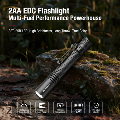Klarus P2 tactical pen light shows 1000 lumens and long-range 886-foot beam.