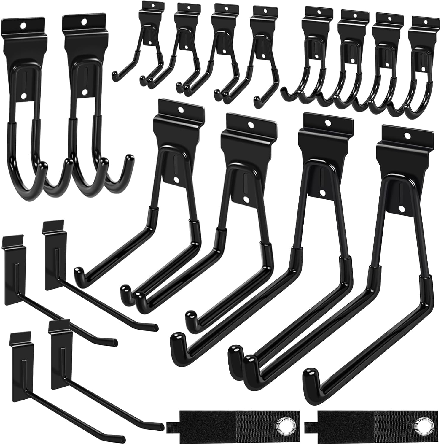 Klasit slatwall hooks black 20-pack on wall display for organized garage storage.