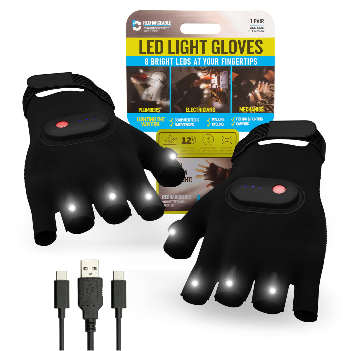 Klear Concepts 8-light LED flashlight gloves illuminate tight spaces hands-free