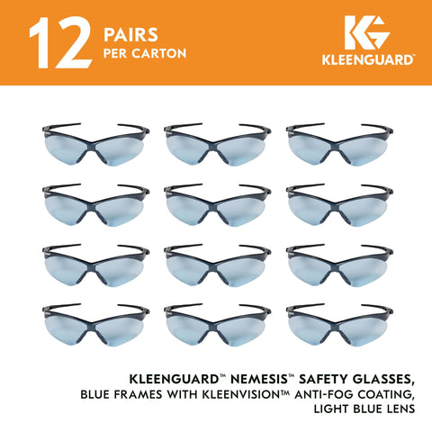 KleenGuard Nemesis blue lenses with anti-fog coating for improved clarity.
