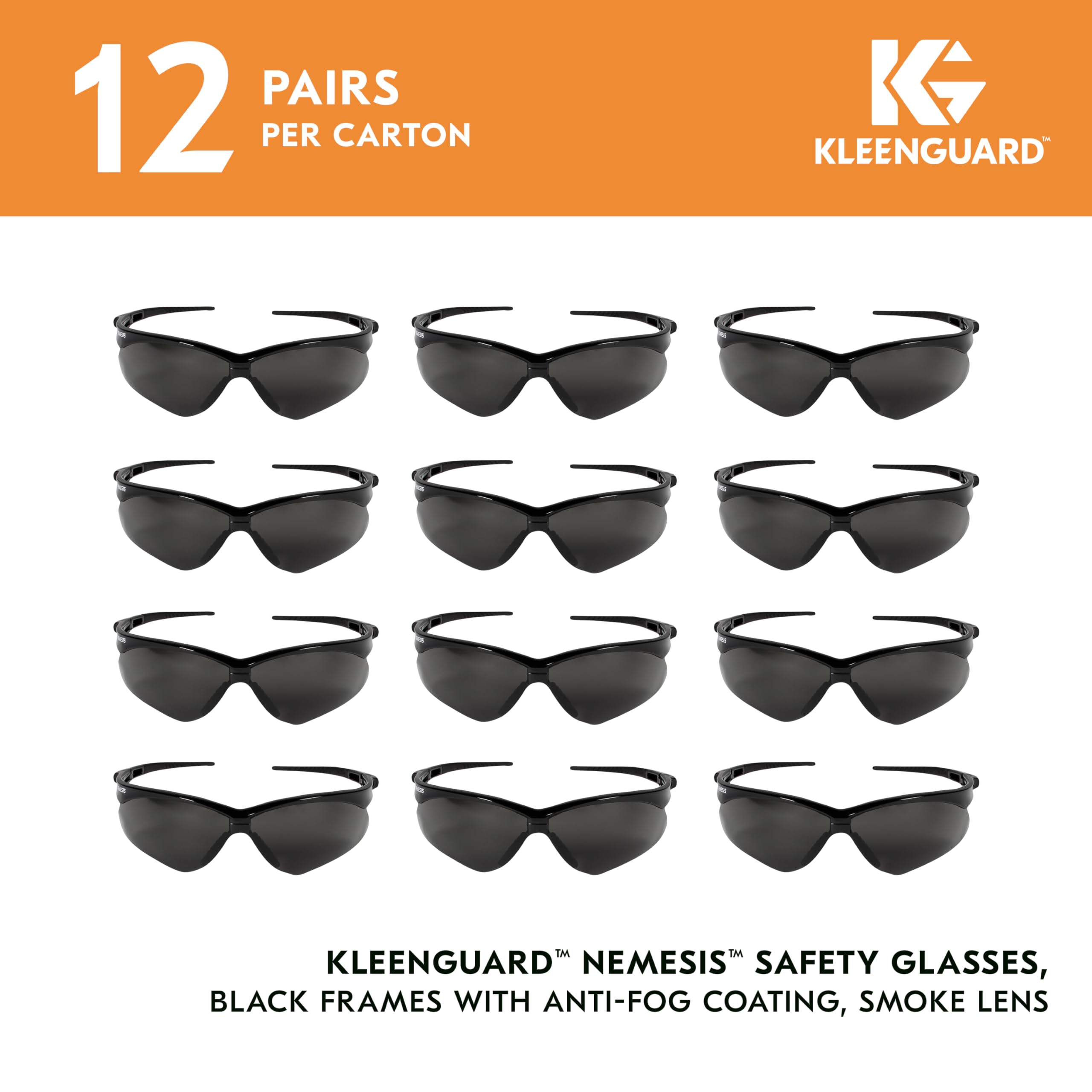 KleenGuard Nemesis safety glasses with smoke lenses reduce glare for task visibility.