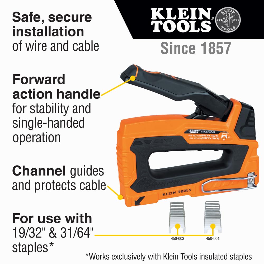 Klein Tools 45001 forward-action handle enables stable stapling.